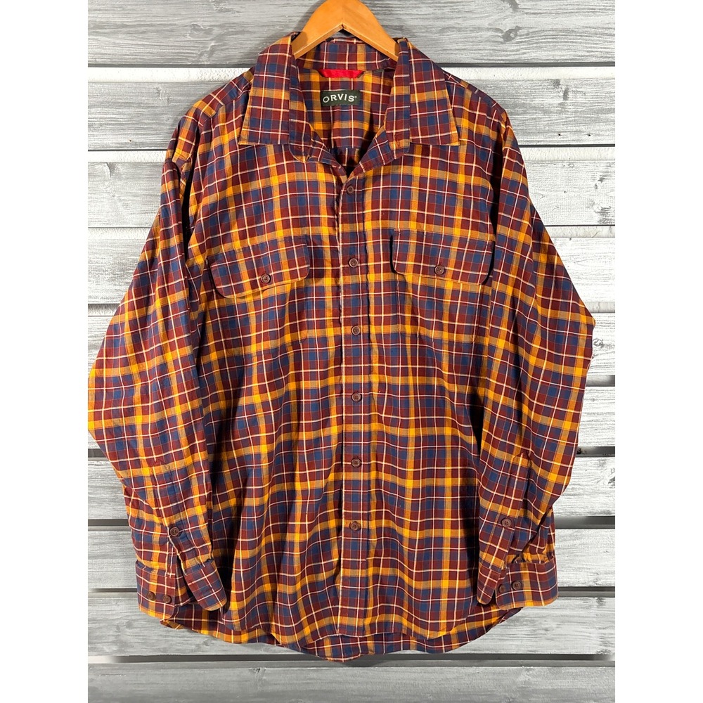 Orvis Mens XL Plaid Button Down Shirt Cotton Long Sleeve Burgundy Orange Blue